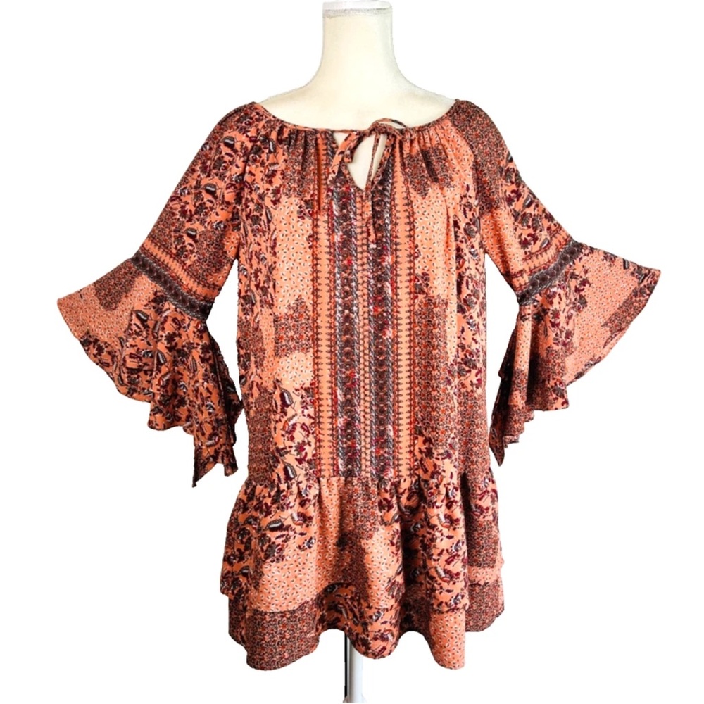 UMGEE Flutter Sleeve Dress Tiered Ruffle Boho MED Women Multicolor Floral V Neck